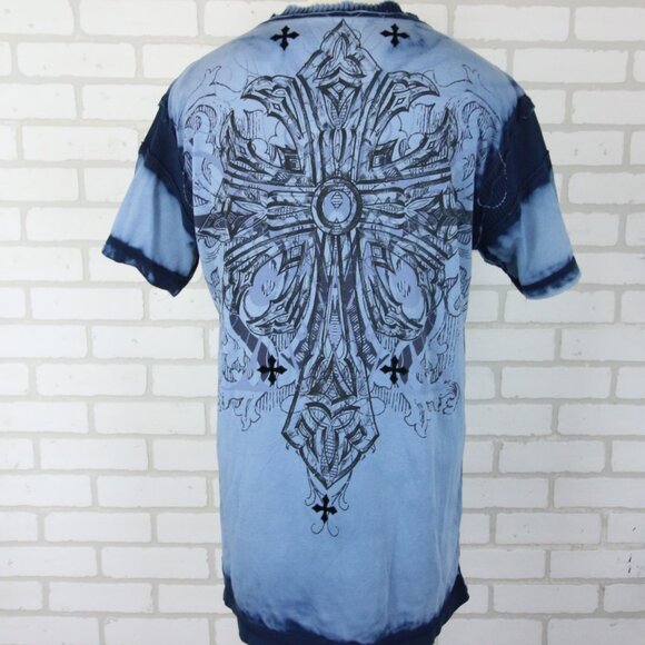Affliction T-Shirt XL Blue Dye V Neck Ribbed Felt Detail Cross Cyber Goth Grunge - Picture 4 of 16